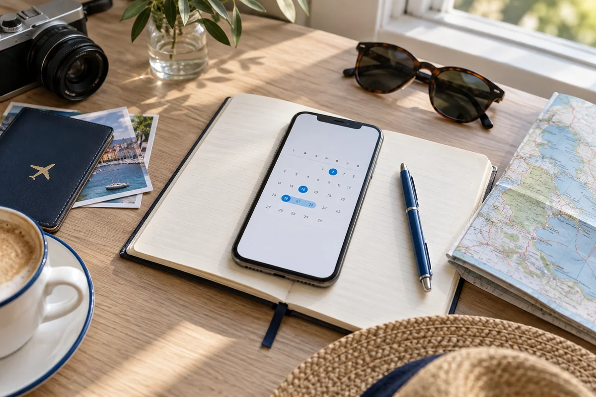 Smartphone présentant un calendrier illustratif sur un carnet de voyage