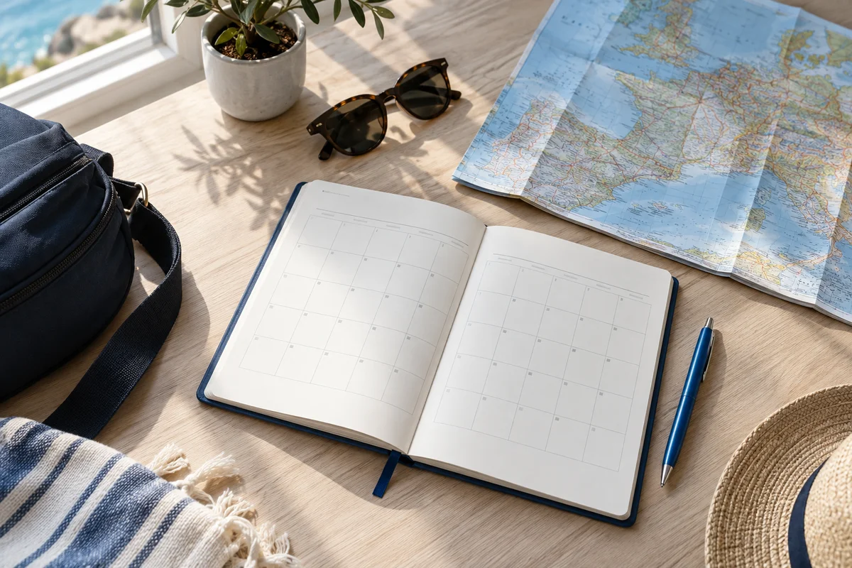 Carnet de calendrier ouvert, carte et stylo bleu sur une table ensoleillée