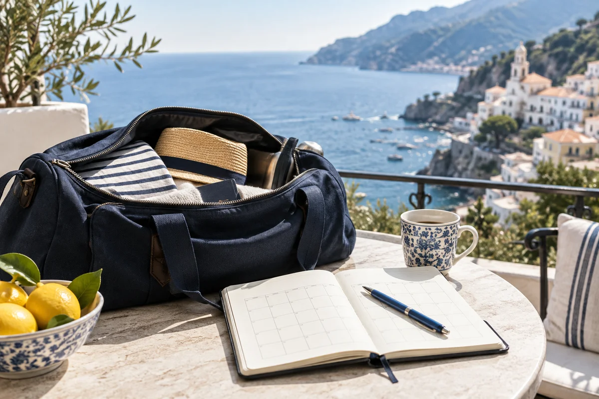 Sac de week-end et carnet de calendrier sur une terrasse face à la mer